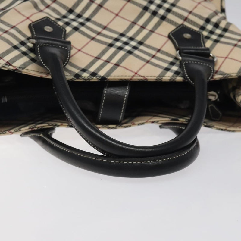 BURBERRY Nova Check Blue Label Hand Bag Nylon Beige Silver Auth kk474
