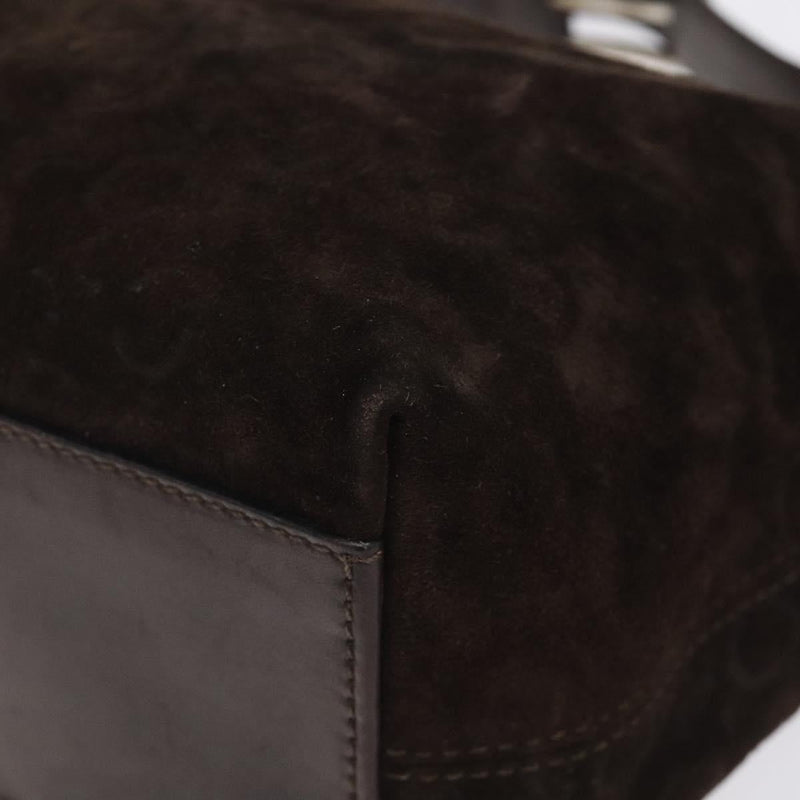 CELINE C Macadam Canvas Shoulder Bag Suede Dark Brown Silver Auth kk479