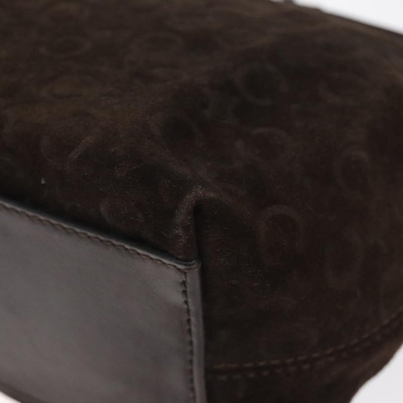 CELINE C Macadam Canvas Shoulder Bag Suede Dark Brown Silver Auth kk479