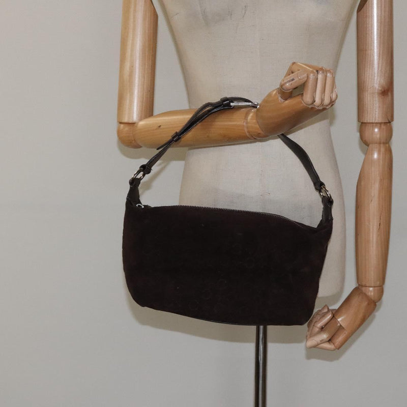 CELINE C Macadam Canvas Shoulder Bag Suede Dark Brown Silver Auth kk479