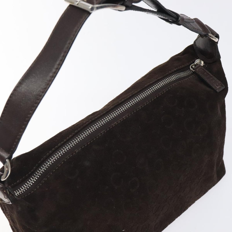 CELINE C Macadam Canvas Shoulder Bag Suede Dark Brown Silver Auth kk479