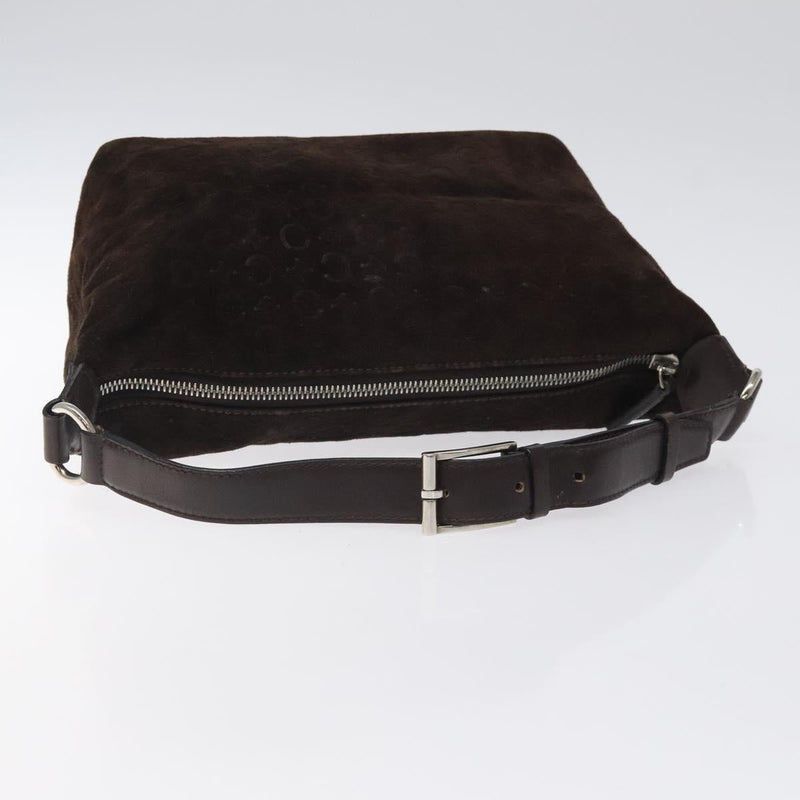 CELINE C Macadam Canvas Shoulder Bag Suede Dark Brown Silver Auth kk479
