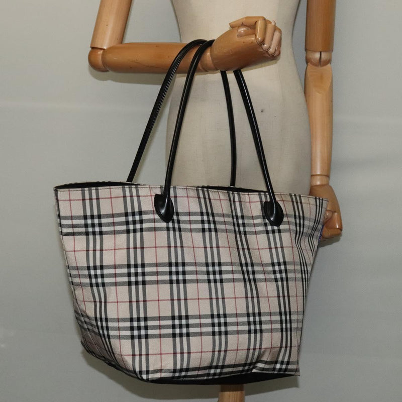BURBERRY Nova Check Blue Label Tote Bag Nylon Beige Silver Auth kk483