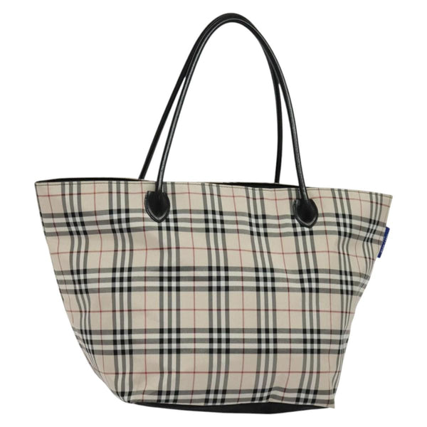 BURBERRY Nova Check Blue Label Tote Bag Nylon Beige Silver Auth kk483