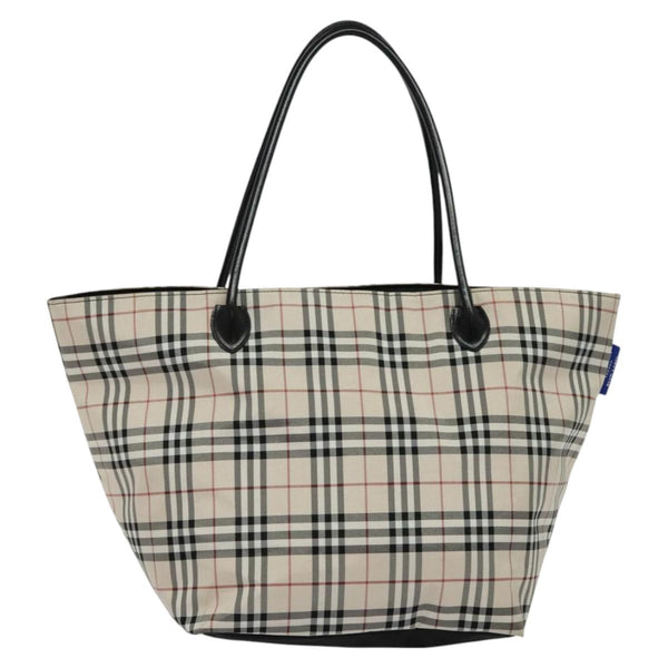 BURBERRY Nova Check Blue Label Tote Bag Nylon Beige Silver Auth kk483