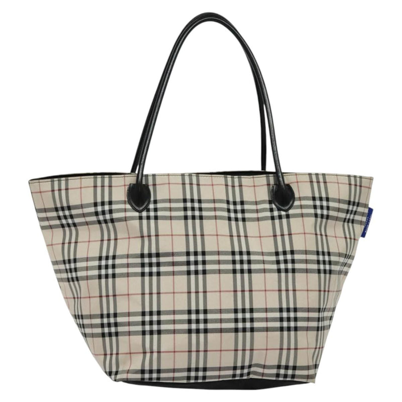 BURBERRY Nova Check Blue Label Tote Bag Nylon Beige Silver Auth kk483