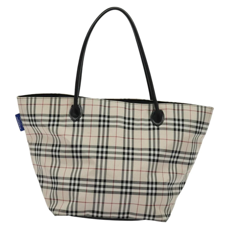 BURBERRY Nova Check Blue Label Tote Bag Nylon Beige Silver Auth kk483