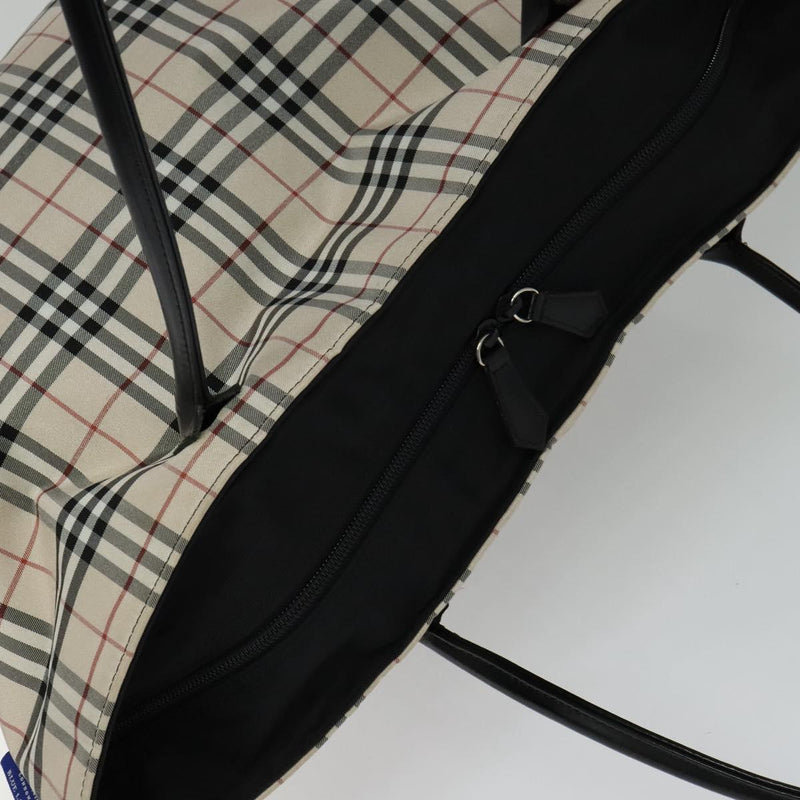 BURBERRY Nova Check Blue Label Tote Bag Nylon Beige Silver Auth kk483