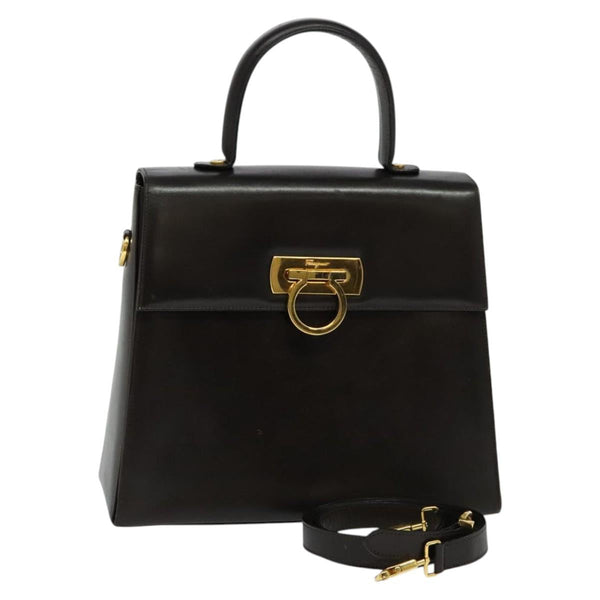 Salvatore Ferragamo Gancini Hand Bag Leather 2way Brown Gold Auth kk498