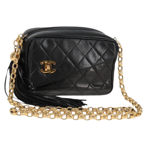 CHANEL Matelasse Chain Shoulder Bag Lamb Skin Black Gold CC Auth PP417