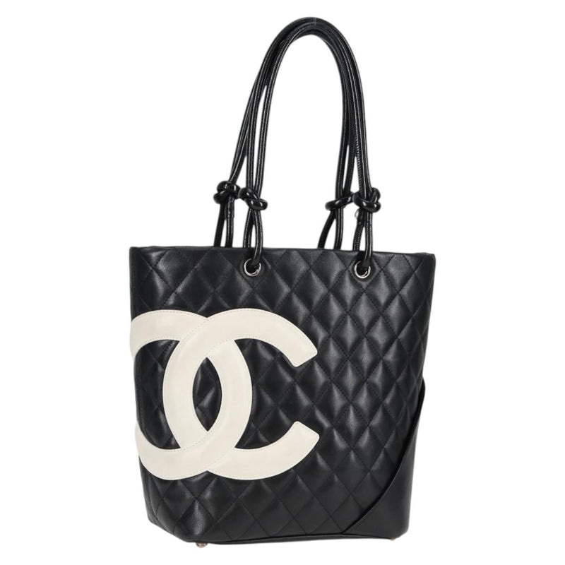 CHANEL Matelasse Cambon Line COCO Mark Tote Bag Lamb Skin Black CC Auth PP444M