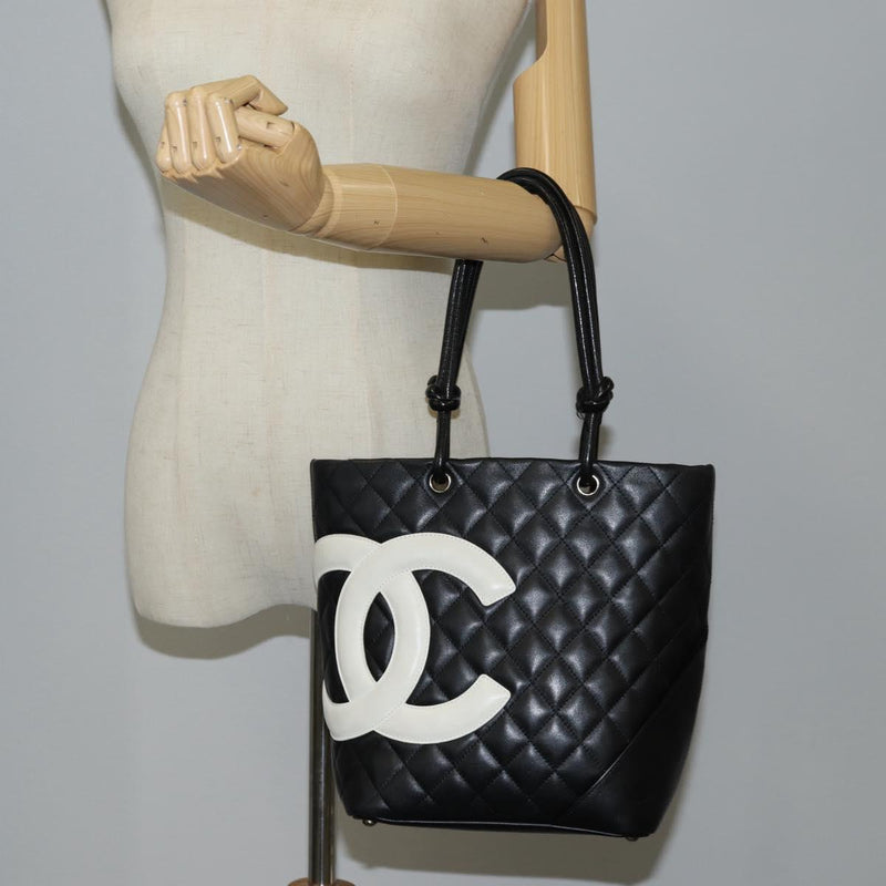 CHANEL Matelasse Cambon Line COCO Mark Tote Bag Lamb Skin Black CC Auth PP444M