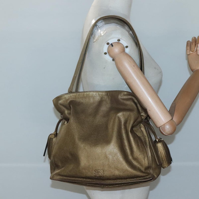 LOEWE Anagram Shoulder Bag Leather Gold Auth PP448