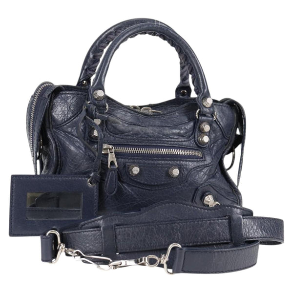 BALENCIAGA Giant Mini City Hand Bag Leather 2way Navy Silver Auth PP454M