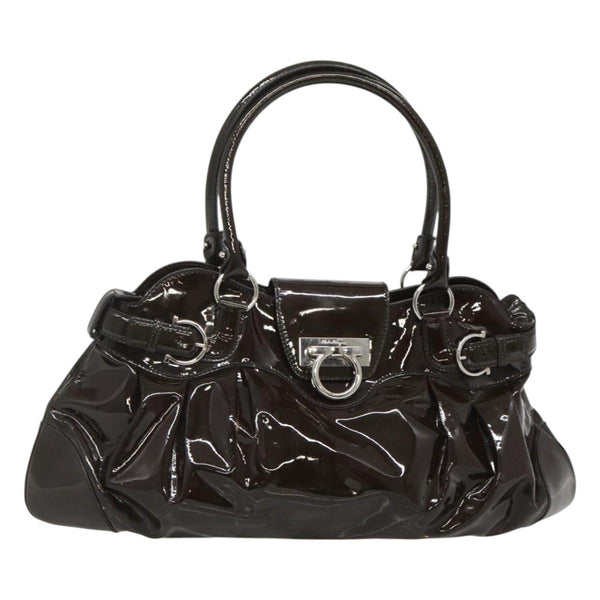 Salvatore Ferragamo Gancini Shoulder Bag Enamel Brown Silver Auth sw461