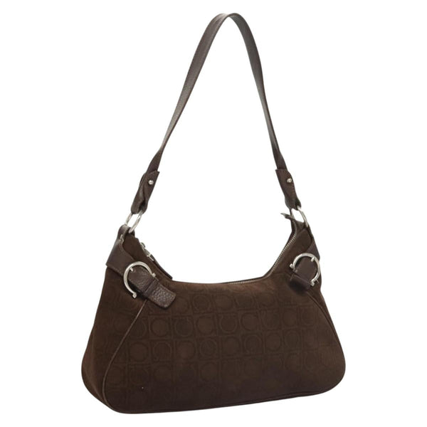 Salvatore Ferragamo Shoulder Bag pile Brown Silver Auth sw507