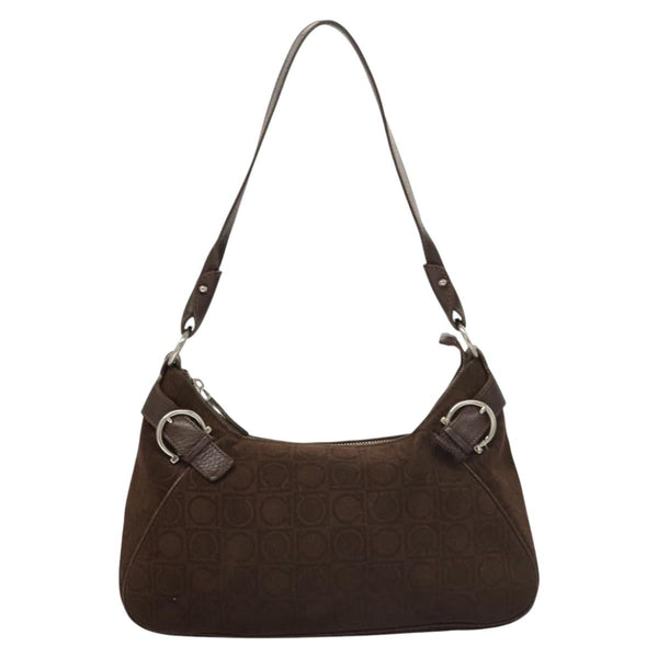 Salvatore Ferragamo Shoulder Bag pile Brown Silver Auth sw507