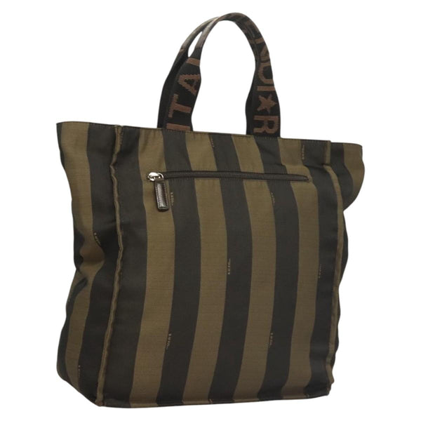 FENDI Pecan Canvas Tote Bag Black Brown Silver Auth th5892
