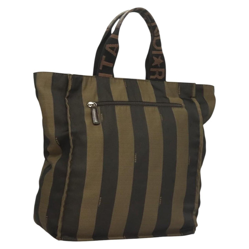 FENDI Pecan Canvas Tote Bag Black Brown Silver Auth th5892