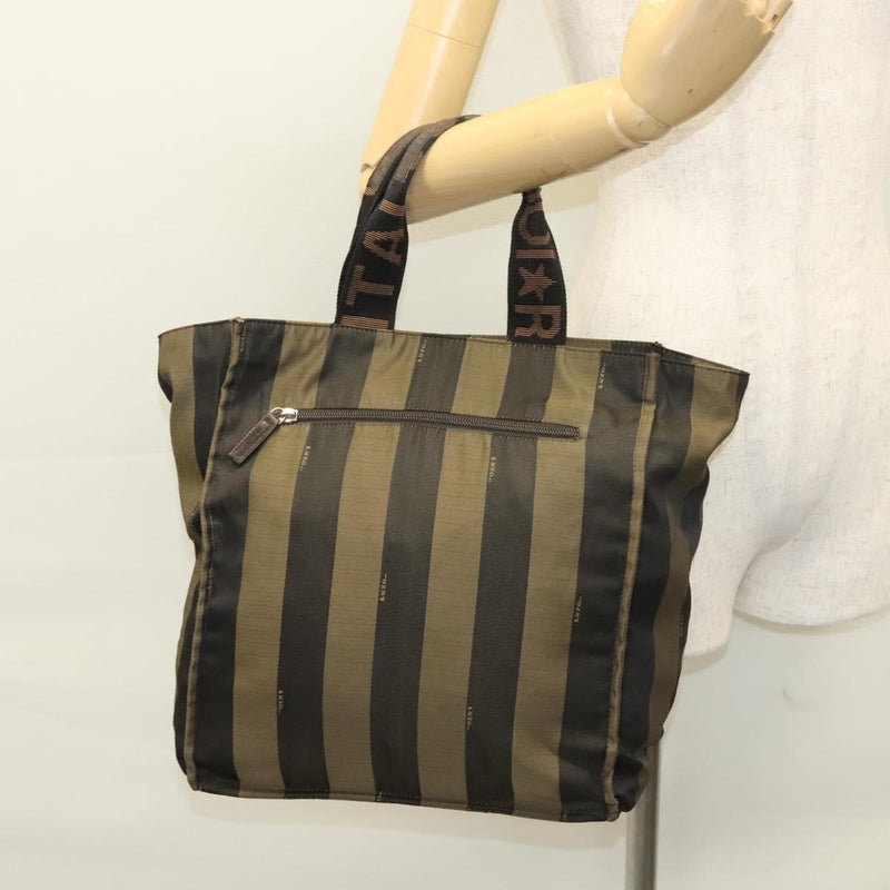 FENDI Pecan Canvas Tote Bag Black Brown Silver Auth th5892
