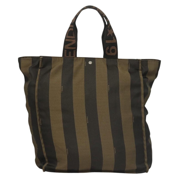 FENDI Pecan Canvas Tote Bag Black Brown Silver Auth th5892