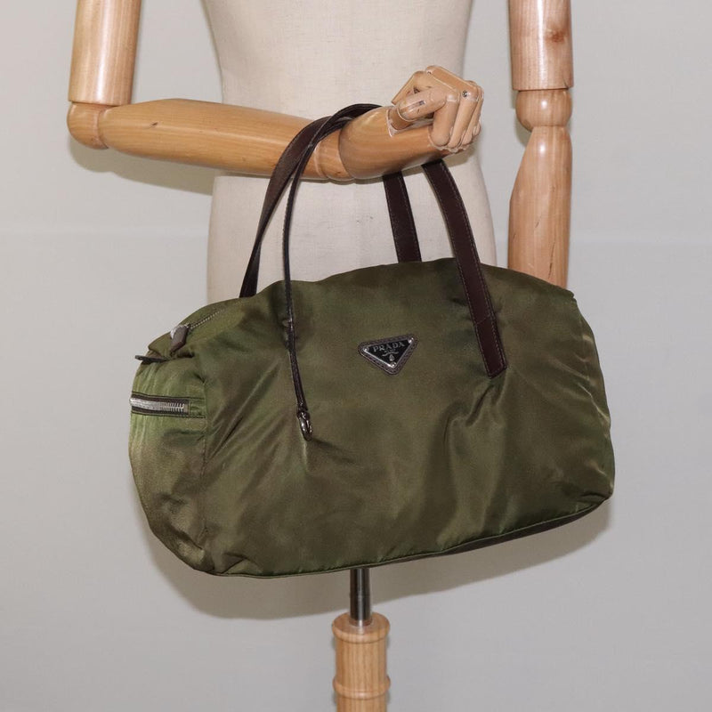 PRADA Tote Bag Nylon Khaki Silver Auth ti2988