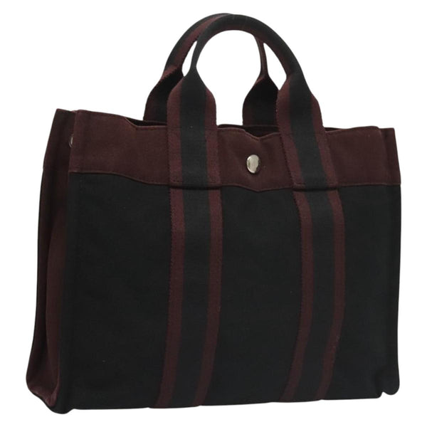 HERMES Fourre Tout PM Hand Bag Canvas Bordeaux Black Silver Auth ti3043