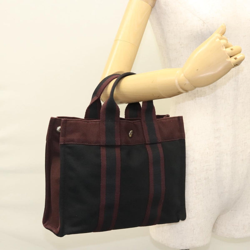HERMES Fourre Tout PM Hand Bag Canvas Bordeaux Black Silver Auth ti3043