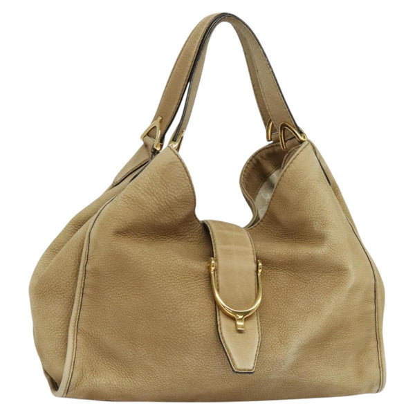 GUCCI Horsebit Hand Bag Leather Beige Gold 296856 Auth yk17931