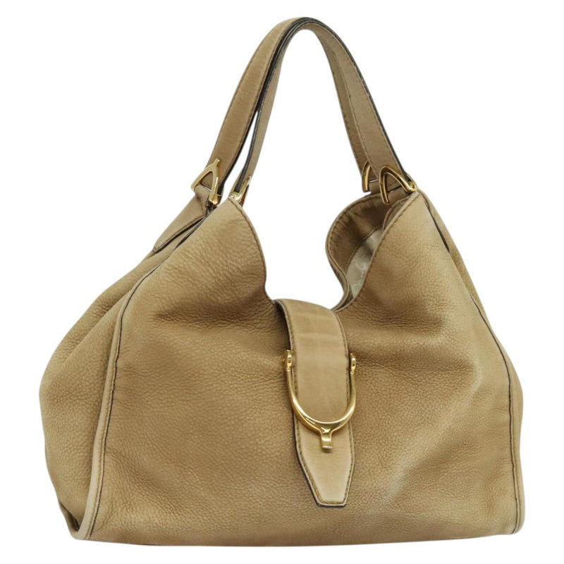 GUCCI Horsebit Hand Bag Leather Beige Gold 296856 Auth yk17931