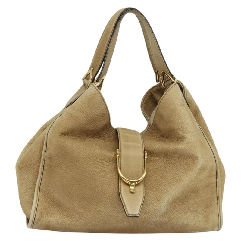 GUCCI Horsebit Hand Bag Leather Beige Gold 296856 Auth yk17931