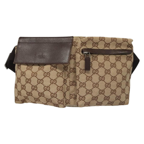 GUCCI GG Canvas Waist Bag Beige Silver 28566 Auth yk17956