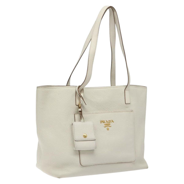 PRADA Tote Bag Leather White Gold Auth yk17963