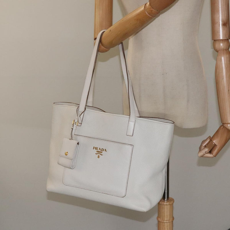PRADA Tote Bag Leather White Gold Auth yk17963