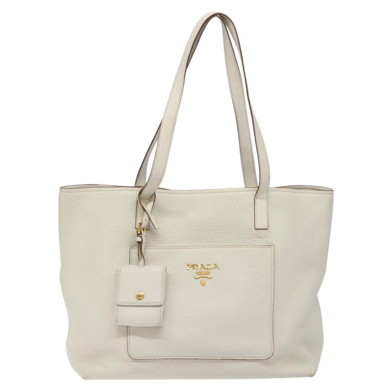 PRADA Tote Bag Leather White Gold Auth yk17963