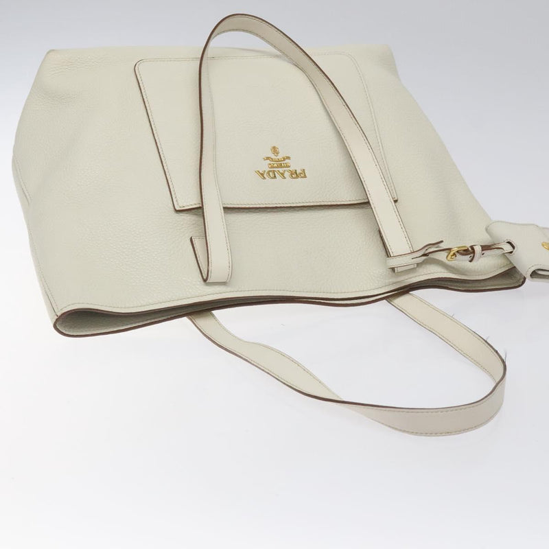 PRADA Tote Bag Leather White Gold Auth yk17963