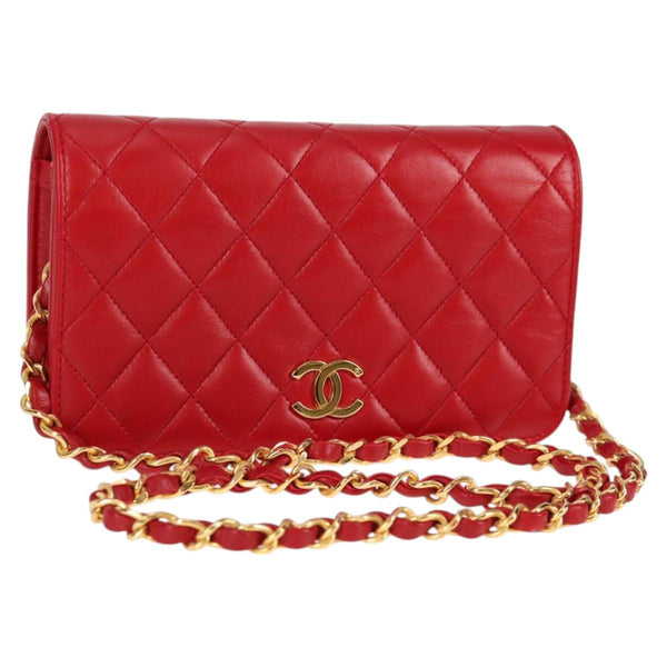 CHANEL Matelasse Chain Shoulder Bag Lamb Skin Red Gold CC Auth yk18001