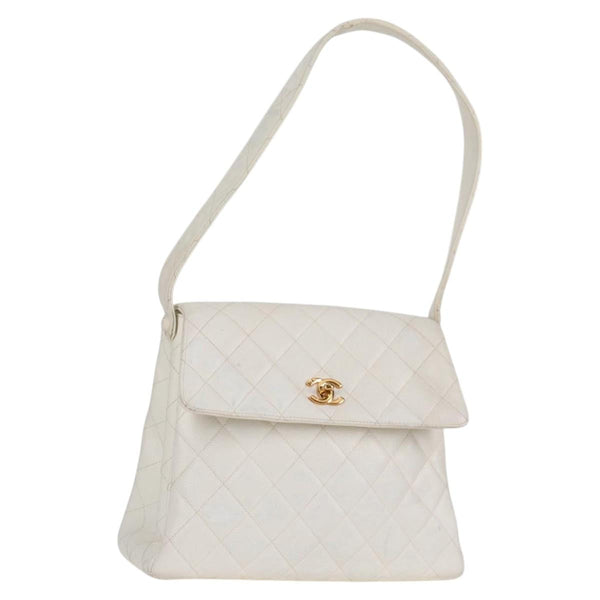 CHANEL COCO Mark Shoulder Bag Caviar Skin White Gold CC Auth yk18006