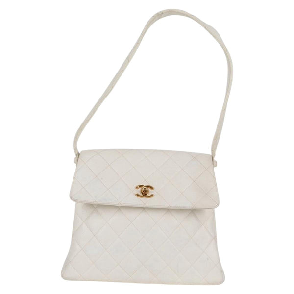 CHANEL COCO Mark Shoulder Bag Caviar Skin White Gold CC Auth yk18006
