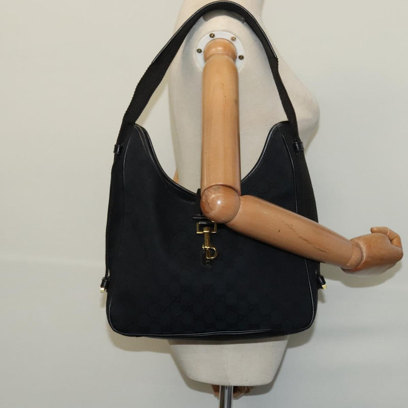 GUCCI GG Canvas Jackie Shoulder Bag Black Gold Auth yk18043