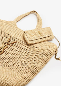 YSL Icare Maxi Raffia Tote Bag - Authentic Saint Laurent Designer Handbag with Bronze Hardware