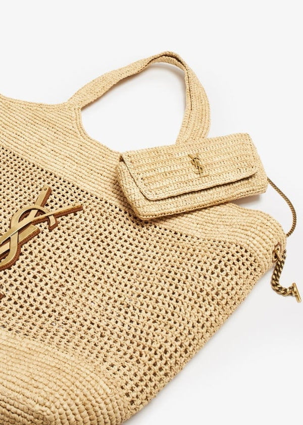 YSL Icare Maxi Raffia Tote Bag - Authentic Saint Laurent Designer Handbag with Bronze Hardware